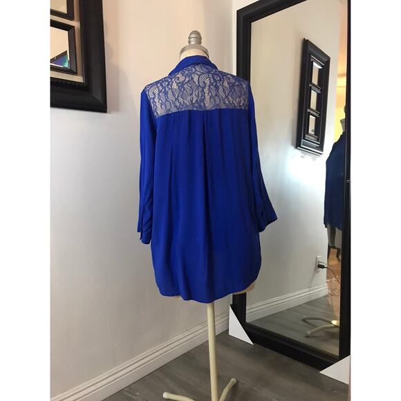 Forever 21 Blue Women's Lace Button Down V-neck 3/4 Sleeve Blouse Medium - Picture 4 of 9